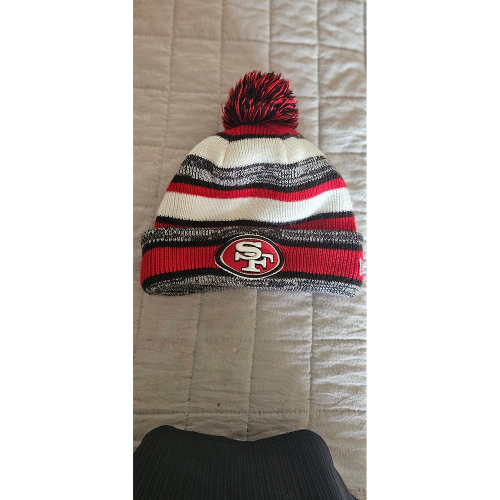New Era San Francisco 49ers NFL Striped Knit Beanie Pom Cuffed Red White Black
